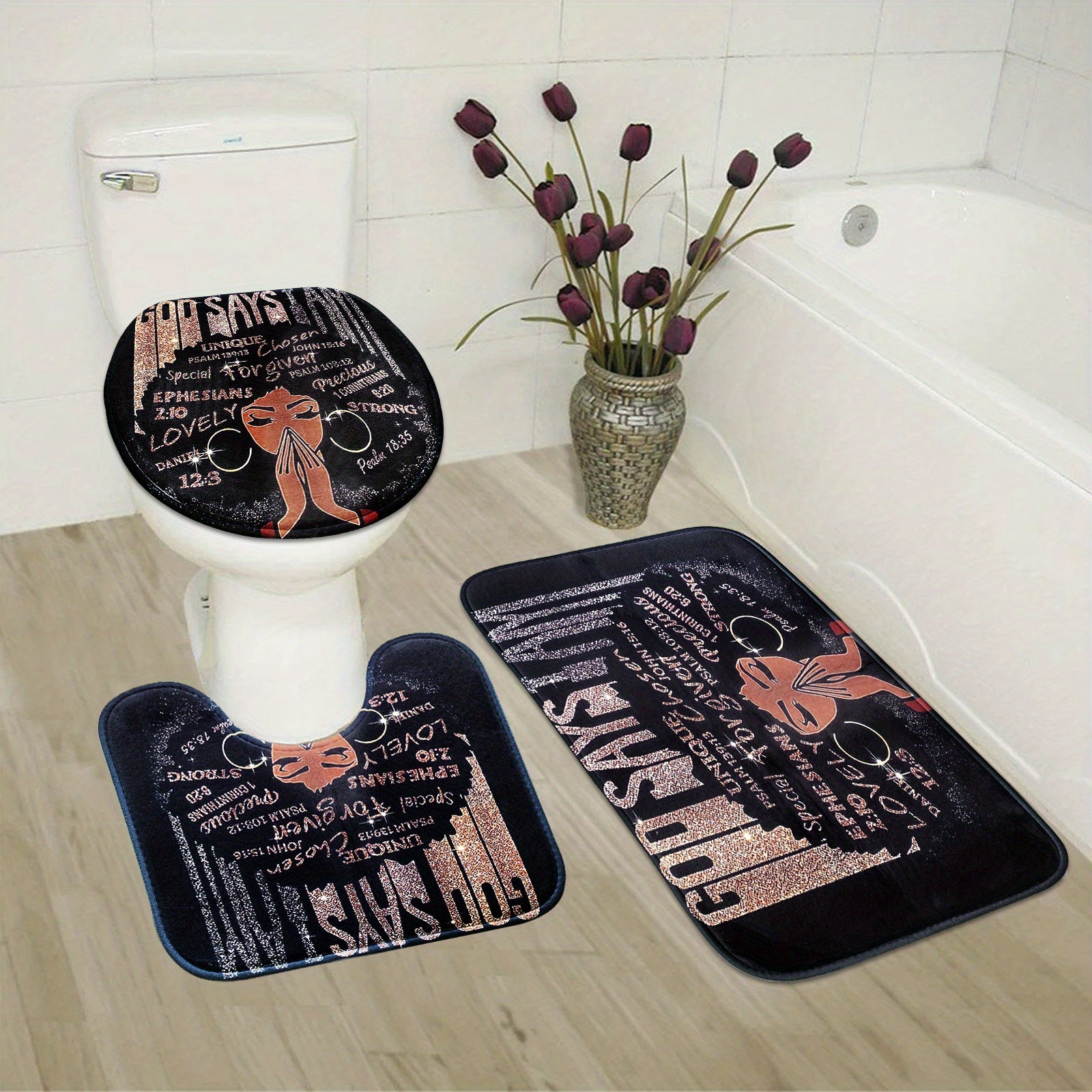 4pcs Sets Rugs Shower Curtain, Black Girl Pattern Shower Curtain With Hooks, Non-Slip Rug, Toilet U-Shape Mat, Toilet Lid Cover Pad