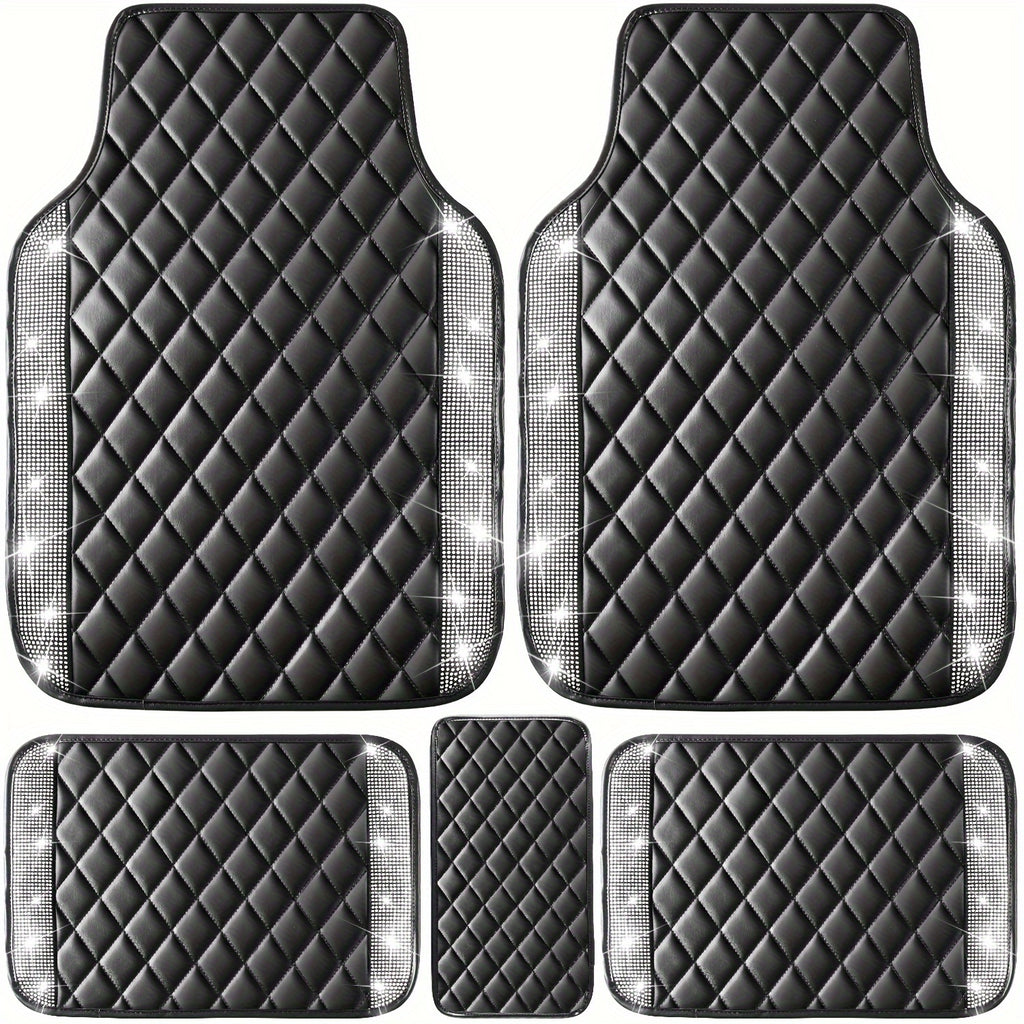 5 Pcs Bling Car Mats - Shining Artificial Diamond, Crystal Rhinestone, Sparkly Glitter Carpet, Anti-Slip, Waterproof, Universal Fit for Automotive SUV, Sedan, Van, Ideal for Girl and Women
