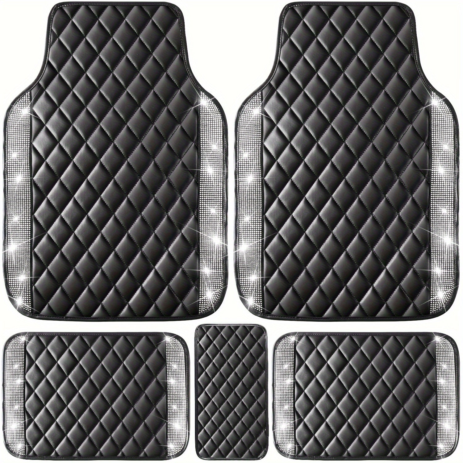 5 Pcs Bling Car Mats - Shining Artificial Diamond, Crystal Rhinestone, Sparkly Glitter Carpet, Anti-Slip, Waterproof, Universal Fit for Automotive SUV, Sedan, Van, Ideal for Girl and Women