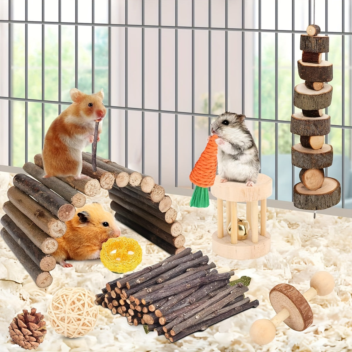 Hamster Cage Accessories, 50pcs Chew Toys for Guinea Pig, Chinchillas, Gerbils, Mice, Rats, Mouse, Rabbit, Bunny Hideout Seesaw, Natural Molar Tools