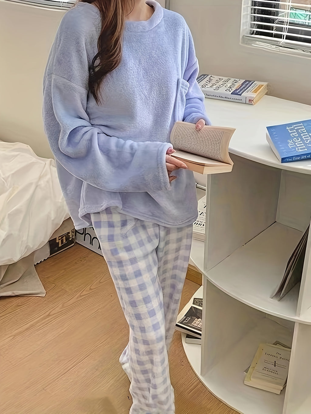 Winter Warm Velvet Pajama Set, Plaid Pattern Pajama, Solid Color Casual Home Wear Set