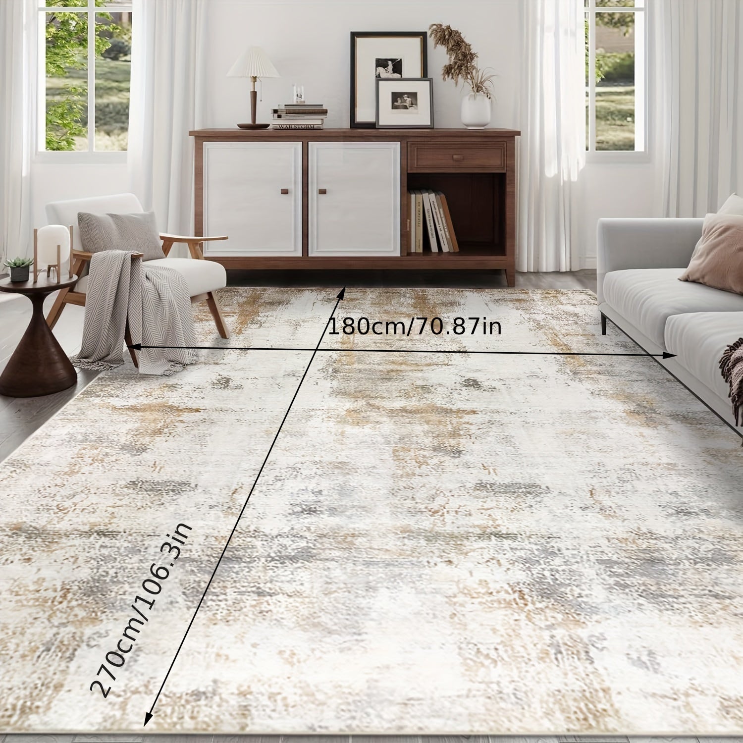1pc Washable 6x9 Area Rug Soft Low Pile Rubber Backed Neutral Rugs for Bedroom Living Room Dining Room Office (Beige/ Camel)