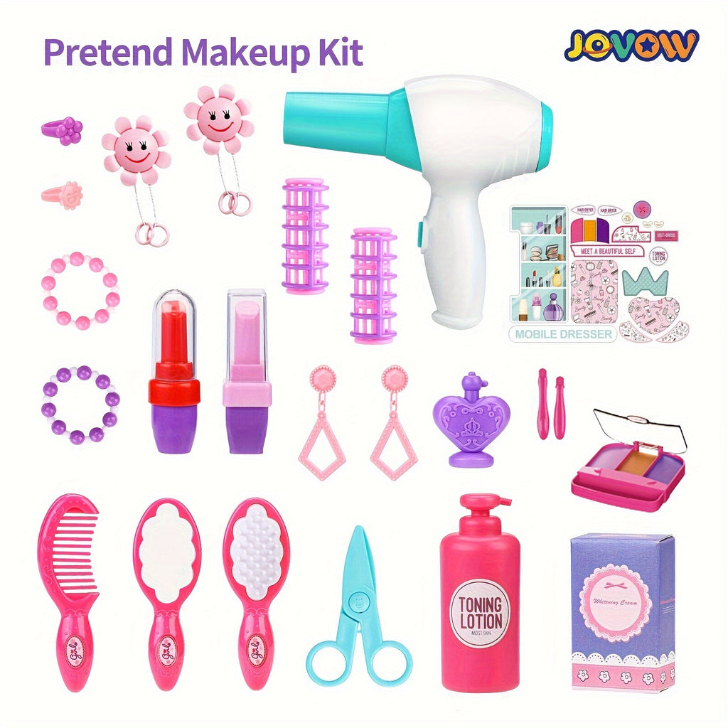 Jovow, Children's Dressing Table Set, 2-in-1 Dressing Table Luggage Trolley Box, Girl Pretending Makeup Toys, Princess Games, Lights And Music, Simulated Hair Dryer Lipstick, Halloween Christmas Gifts