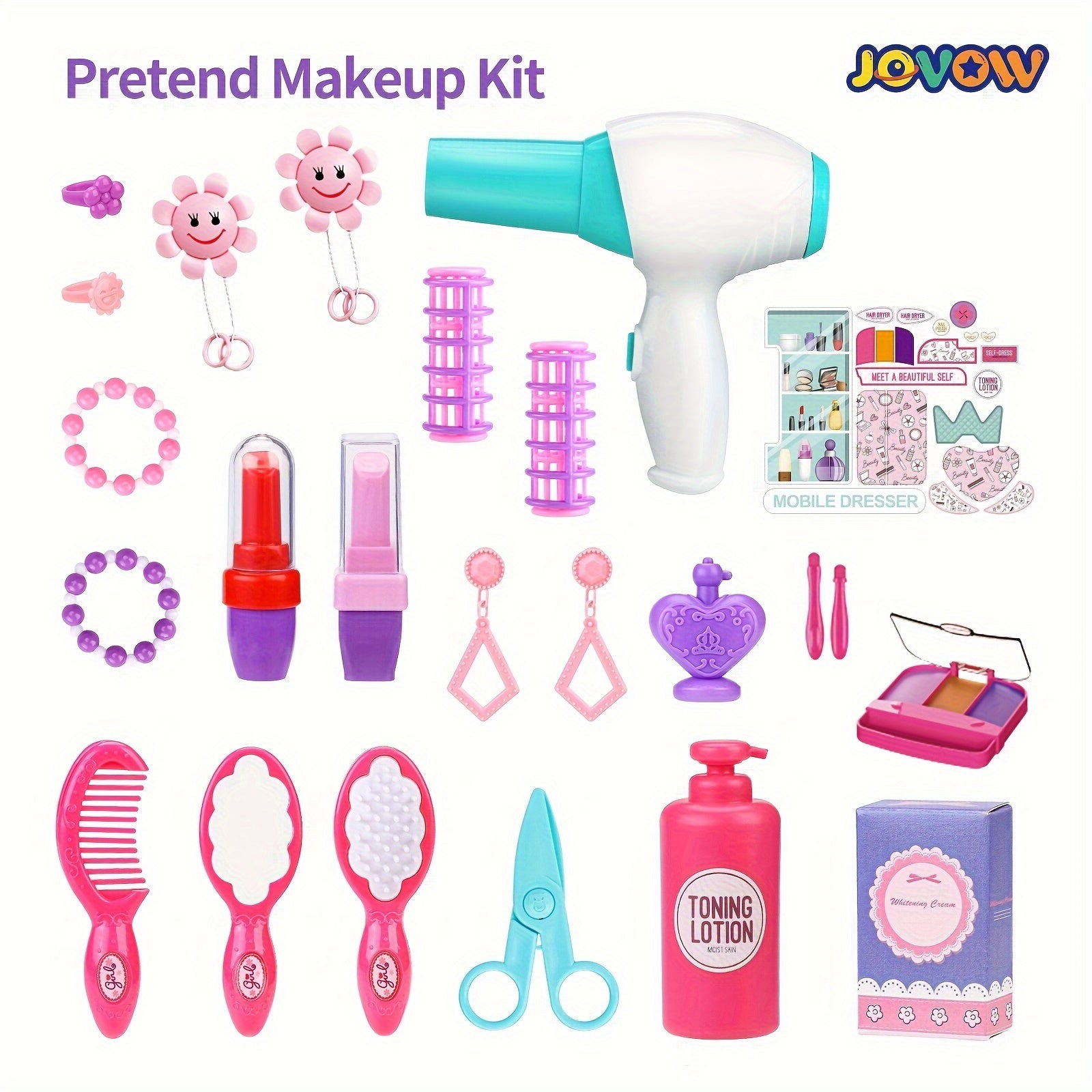 Jovow, Children's Dressing Table Set, 2-in-1 Dressing Table Luggage Trolley Box, Girl Pretending Makeup Toys, Princess Games, Lights And Music, Simulated Hair Dryer Lipstick, Halloween Christmas Gifts