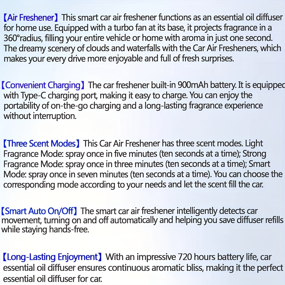 3 Modes Smart Car Air Freshener, Adjustable Intensity, Auto On/Off,