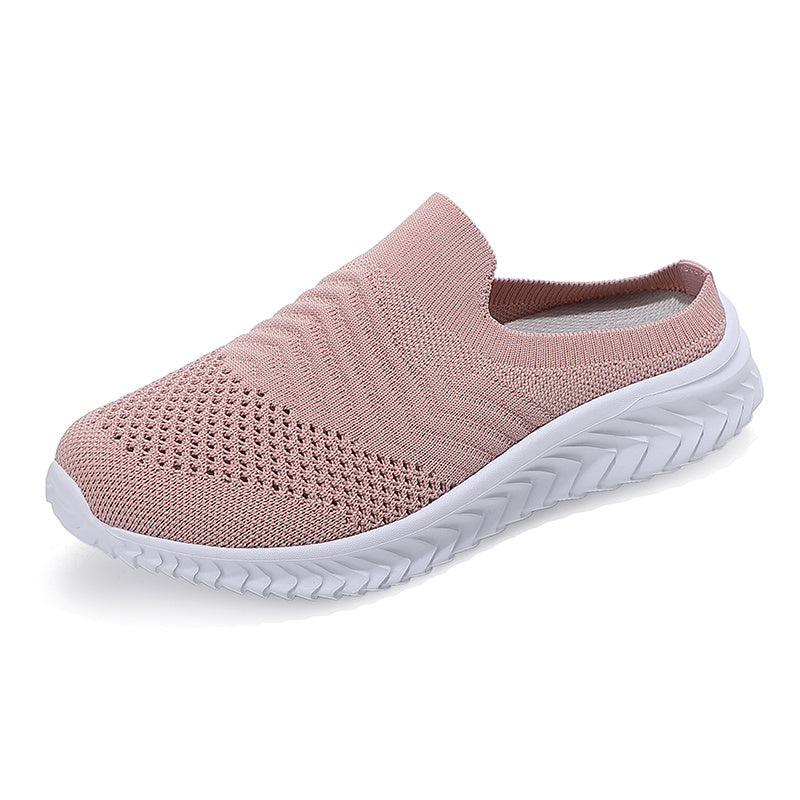 Women's Solid Color Knit Sneakers, Breathable Closed Toe Slip On Slippers, Casual Walking Mules