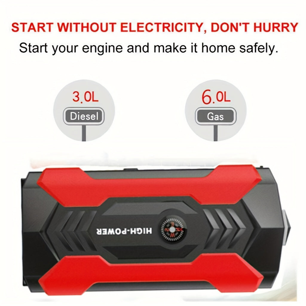 Portable 12V Car Jump Starter - LED Flashlight Emergency Power Battery Booster for Automotive, Motorcycle, Trucks, SUV - Compact, Rechargeable, Multi-Functional, and Safe