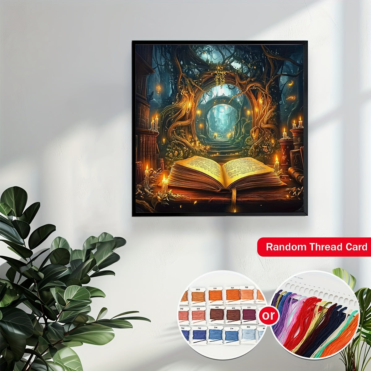 ZUOANLF 19.69x19.69inch DIY Cross Stitch Kit - Enchanted Forest Landscape with Open Book & Candles, No Frame, Includes Pattern Fabric & Threads, Perfect for Living Room, Entryway, or Bedroom Decor, Bedroom Wall Art | Mystical