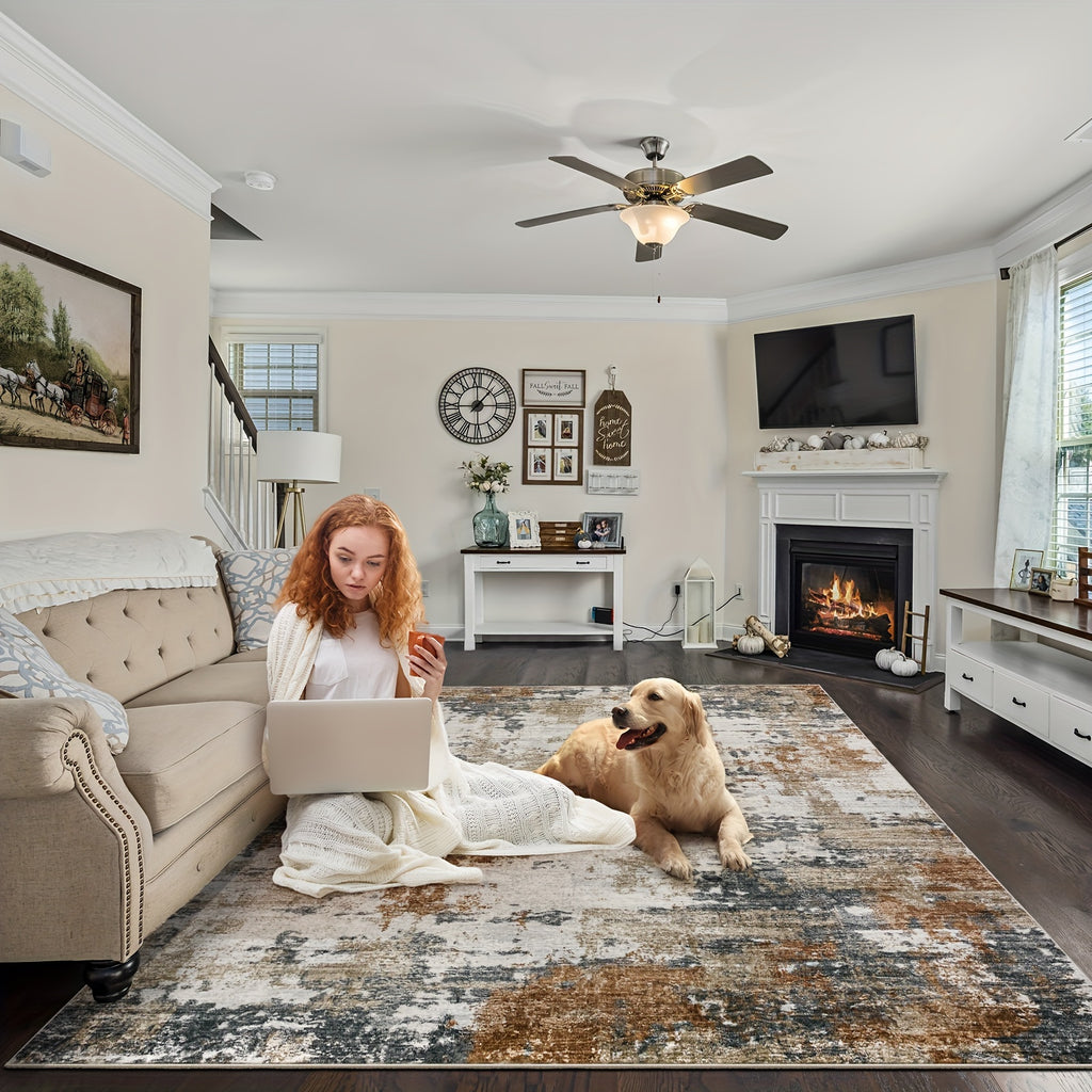 Area Rug Living Room Rugs: Abstract Soft Fluffy Pile Large Carpet With Low Shaggy For Bedroom Dining Room Home Office Indoor Decor Under Kitchen Table Washable - Ivory/Brown