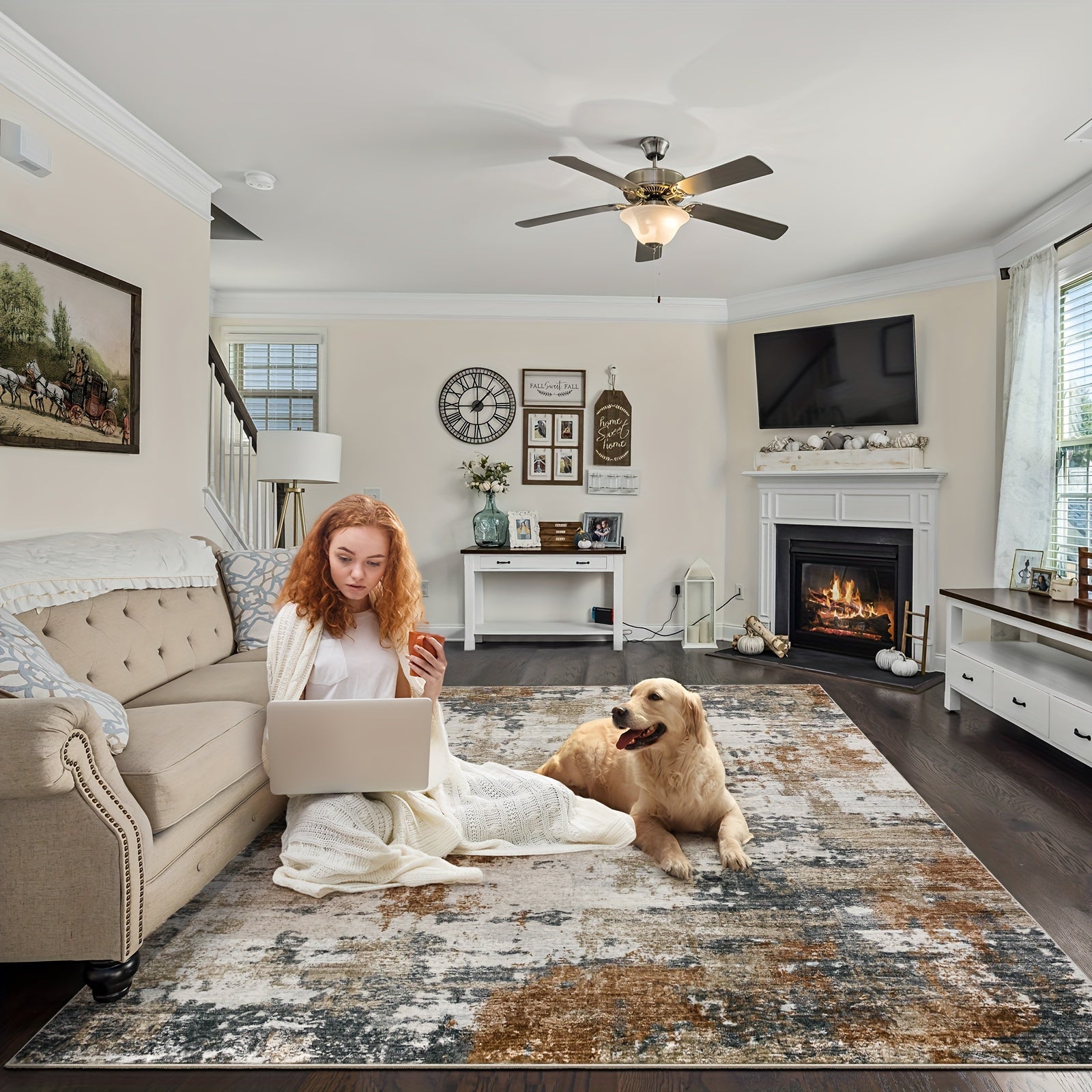Area Rug Living Room Rugs: Abstract Soft Fluffy Pile Large Carpet With Low Shaggy For Bedroom Dining Room Home Office Indoor Decor Under Kitchen Table Washable - Ivory/Brown