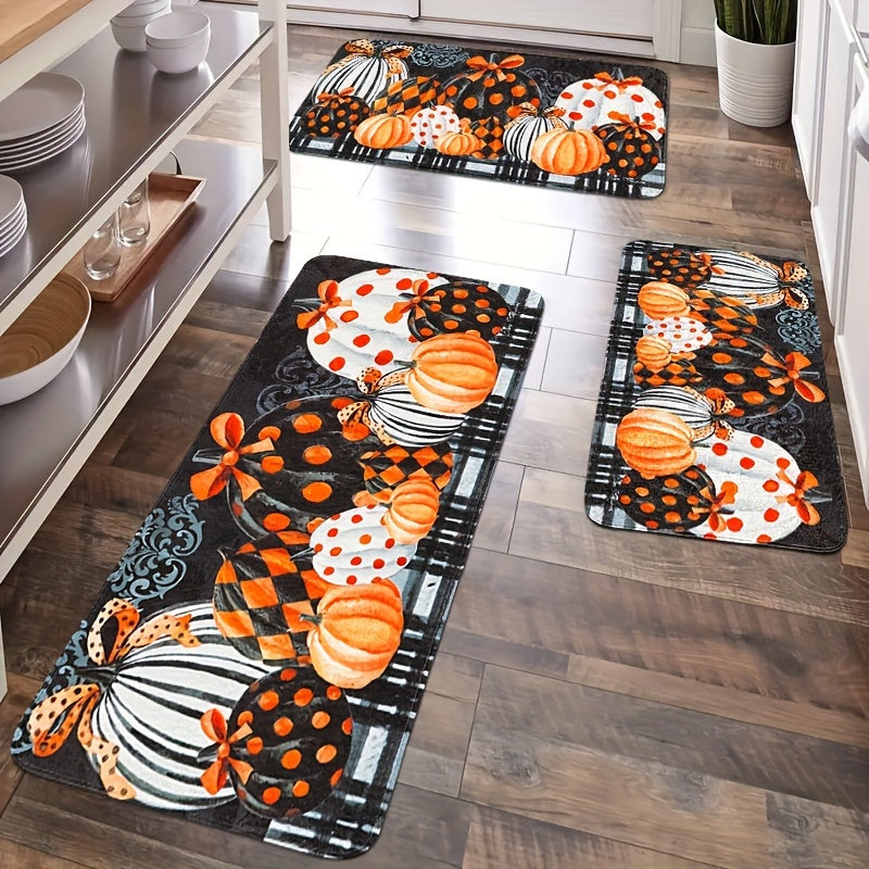 Thanksgiving Pumpkin Kitchen Mat Set (2/3pcs) - Autumn Farmhouse Decor, Anti-Fatigue & Non-Slip Flannel Rugs for Sink, Bedroom, Living Room, Dining Area - Easy Clean, Stain-Resistant