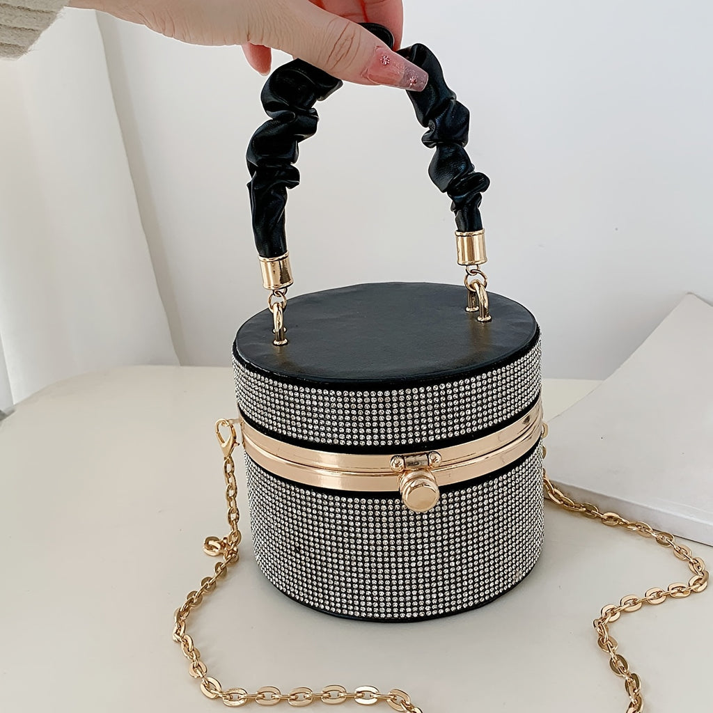 Mini Allover Rhinestone Handbag, Ruched Detail Evening Bucket Bag,