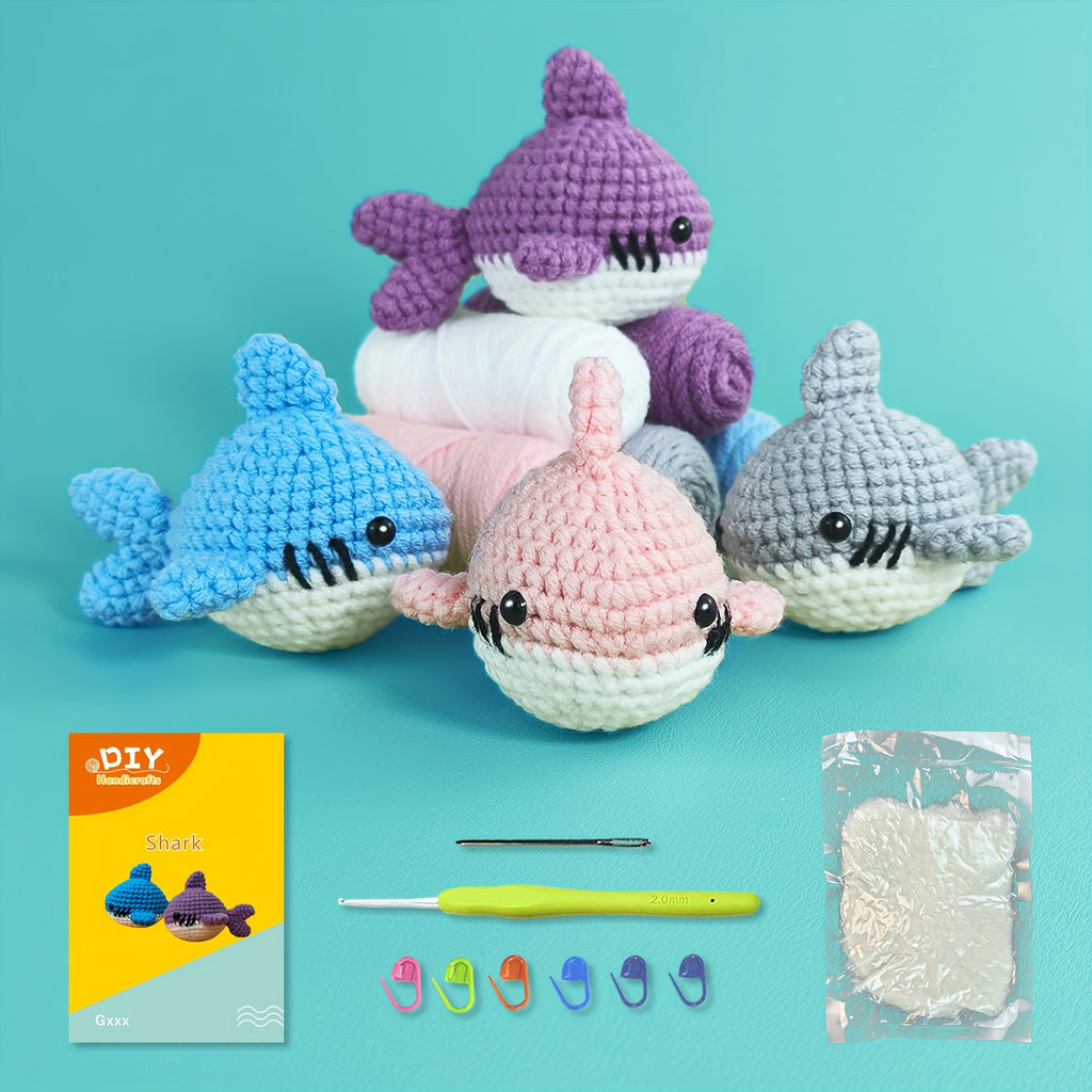 Jeslon 4-Pack DIY Crochet Shark Doll Kit with Yarn, Hooks, Stitch Markers,
