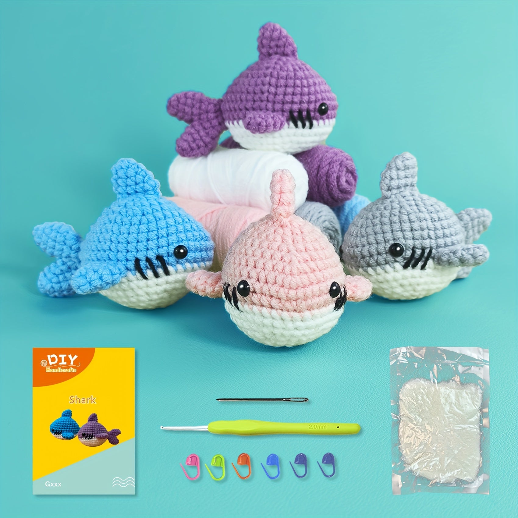 Jeslon 4-Pack DIY Crochet Shark Doll Kit with Yarn, Hooks, Stitch Markers,