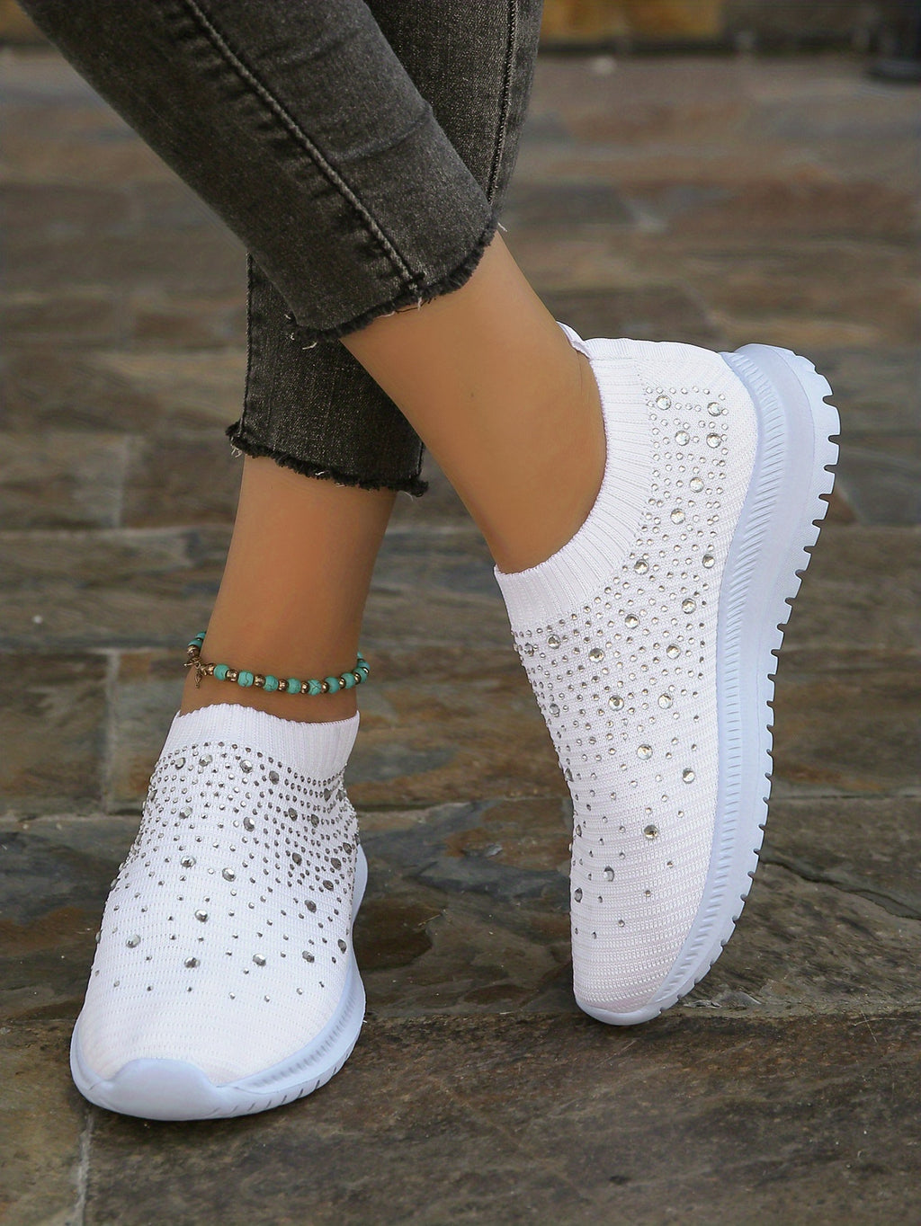 Women's Rhinestone Decor Slip-on Sneakers, Fly Woven Sports Shoes, Breathable Low Top Walking Shoes For Music Festival