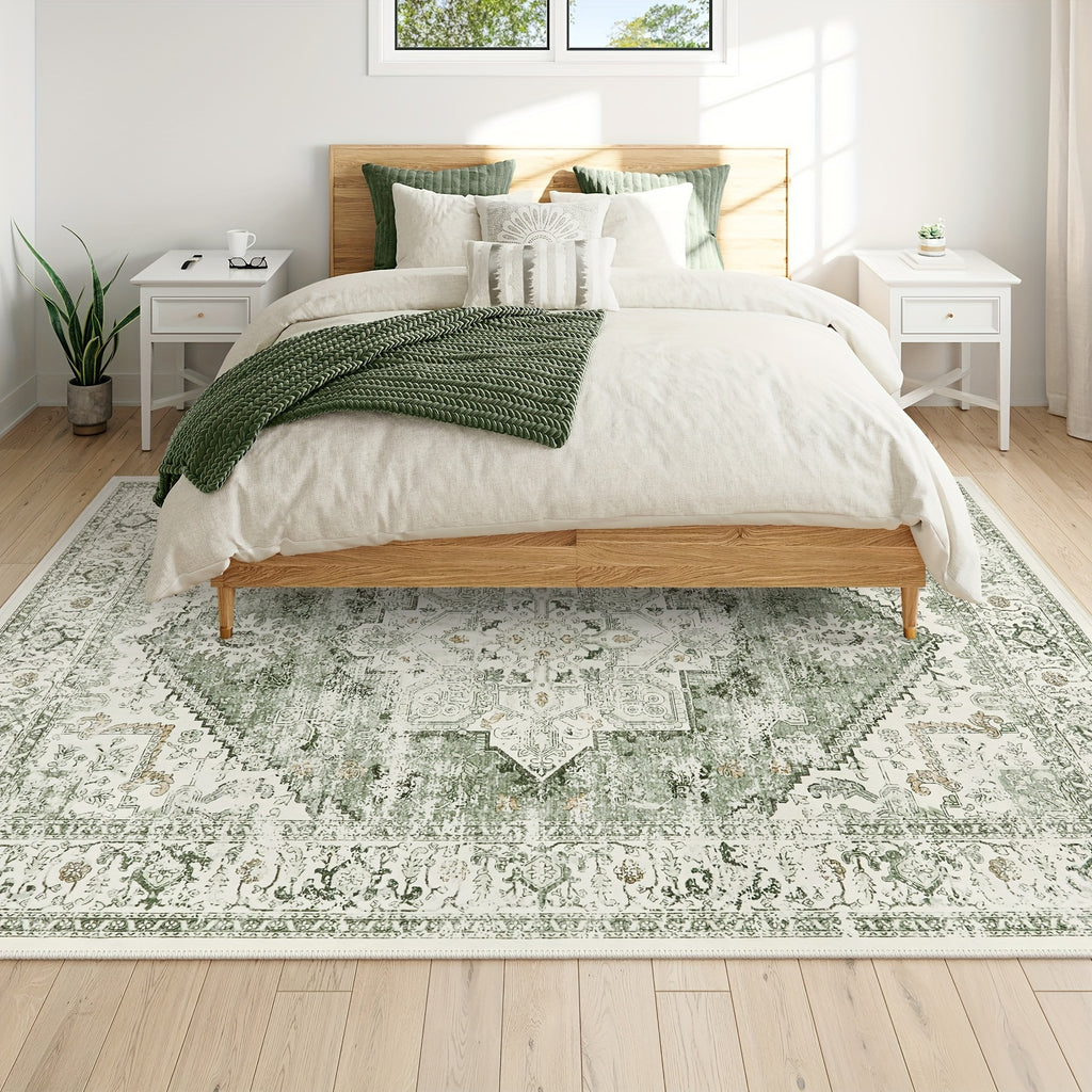 Vintage Distressed Accent Rug - Area Rugs with Non-Slip Low-Pile Retro Carpet Print, Washable and Durable for Bedroom, Living Room, Office, and More - Unique Tribal Pattern, Easy to Clean, and Fade-Resistant