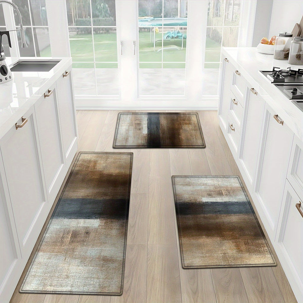 1/2/3pcs Warm brown, rice white, light gray block, abstract art style Flannel Soft Kitchen Rugs Non Slip Washable, Throw Rug, Non-Skid Runner Rug, Floor Mat, Doormat, Living Room Laundry Bathroom Water-absorbing Mat Set, Area