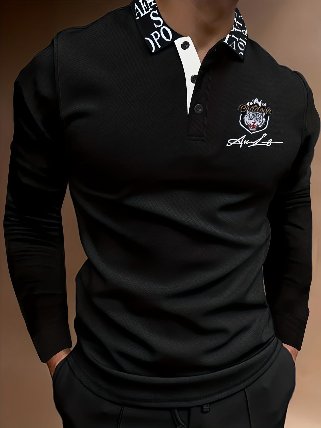 Tiger Head Anime Print Men's Casual Comfy Long Sleeve Shirt For Spring Fall, Golf Sports