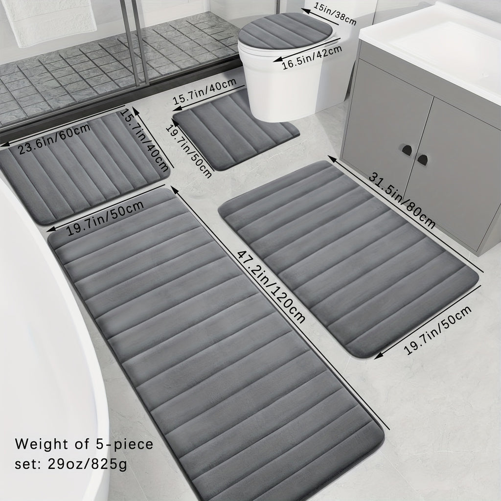 5pcs Ultra Absorbent Luxury Memory Foam Bath Mat Set - Plush, Non-Slip, Soft Polyester Blend Rugs - Machine Washable, Quick Dry, Ideal for Sink, Tub, Shower, Toilet, Bathroom Mat in Black, Dark Gray, Light Gray, Blue, Brown