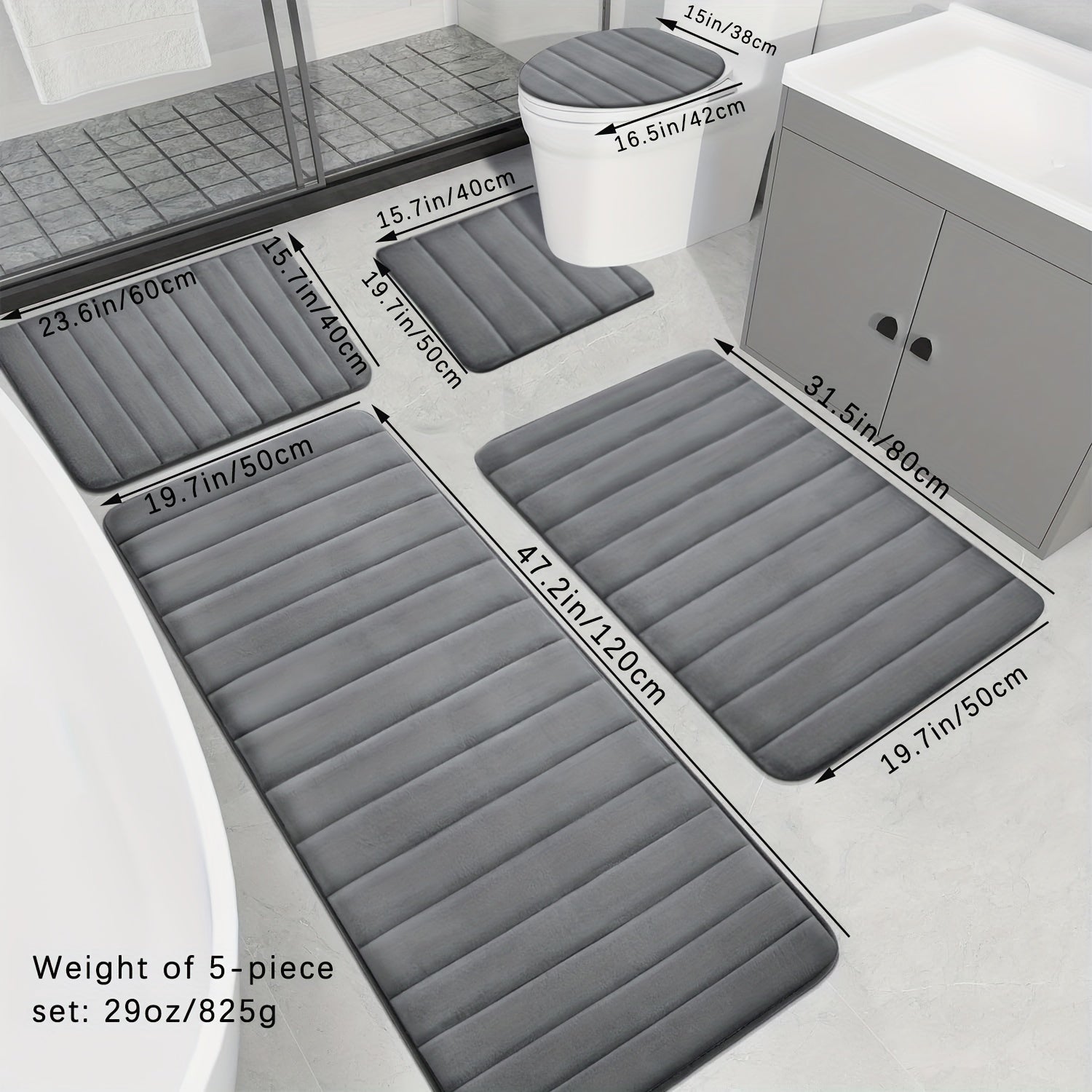 5pcs Ultra Absorbent Luxury Memory Foam Bath Mat Set - Plush, Non-Slip, Soft Polyester Blend Rugs - Machine Washable, Quick Dry, Ideal for Sink, Tub, Shower, Toilet, Bathroom Mat in Black, Dark Gray, Light Gray, Blue, Brown