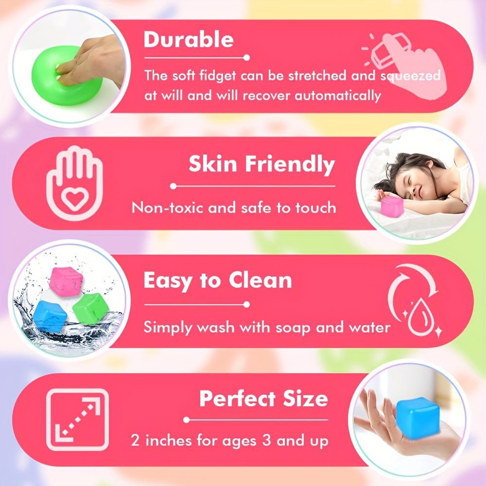 3 Pack Stress Squishy Cube - Sensory Fidget Toy For Adults And Kids, Anxiety Relief Toys With Filling In Pink Blue Green, Squishy Ice Funny Fidget Stress Balls Calming Toys For Autism & ADHD Children