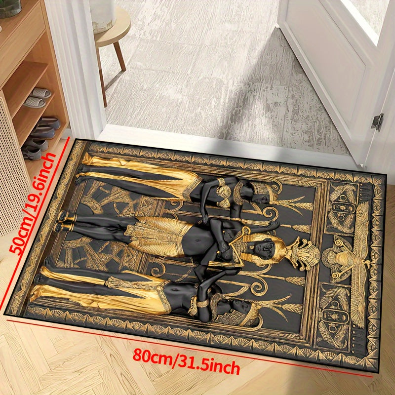 Egyptian Three Golden Men Carpet - Machine Washable Luxury Mat with Golden & Design, Rectangular Floor Mat for Living Room, Bedroom, Office, Outdoor - Durable Polyester Home Decor Mat, Rugs For Living Room, Bedroom Accent, El