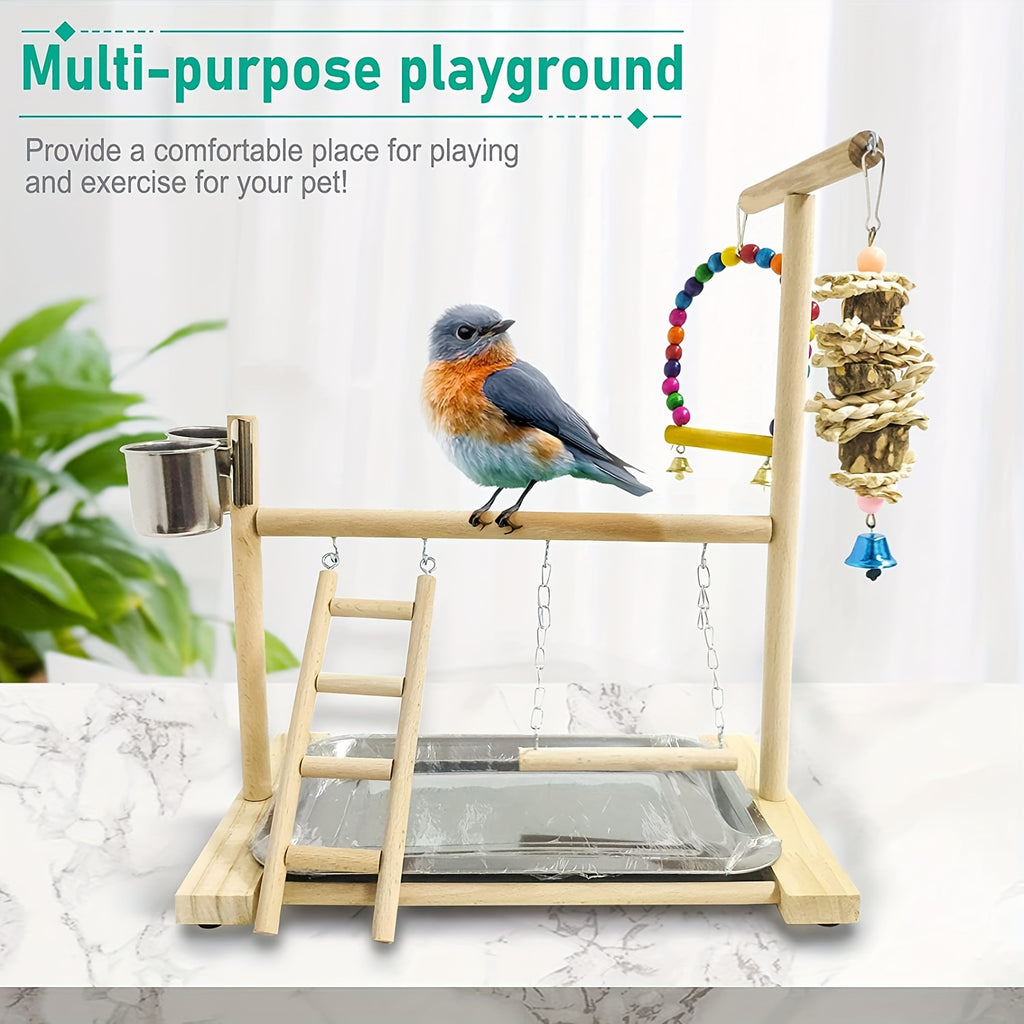 Parrot Play Stand with Swing and Chew Toys - Durable Wood, Ideal for Medium & Small Birds - Interactive Training Station for Lovebirds and Parakeets