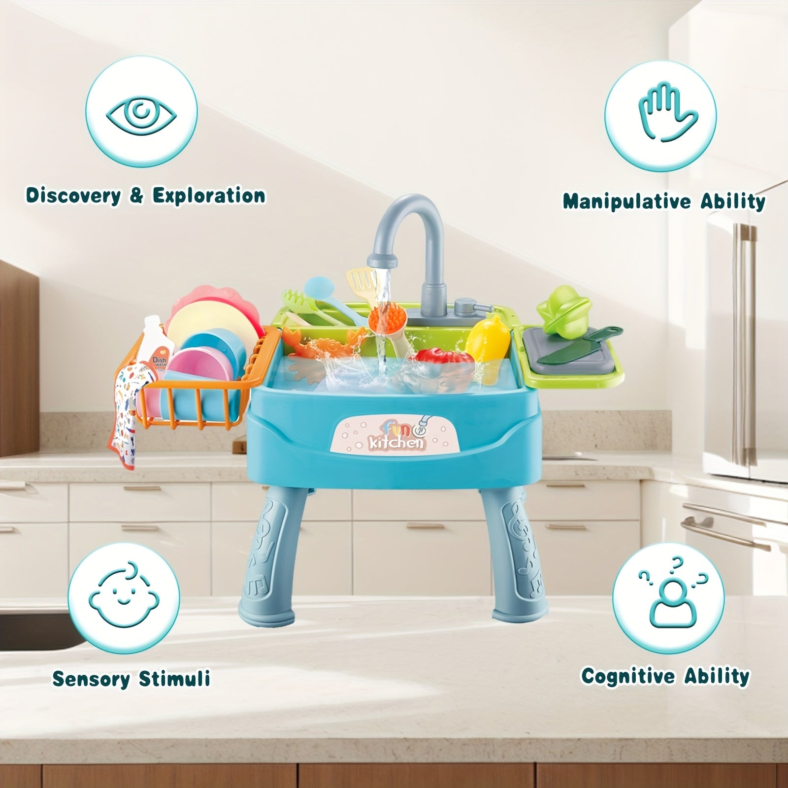 Play Kitchen Sink Toys, Blue Electric Dishwasher Playing Toy with Running Water, Play Food & Tableware Accessories, Kitchen Set Toys, Role Play Sink Set for Toddlers Kids Boys Girls