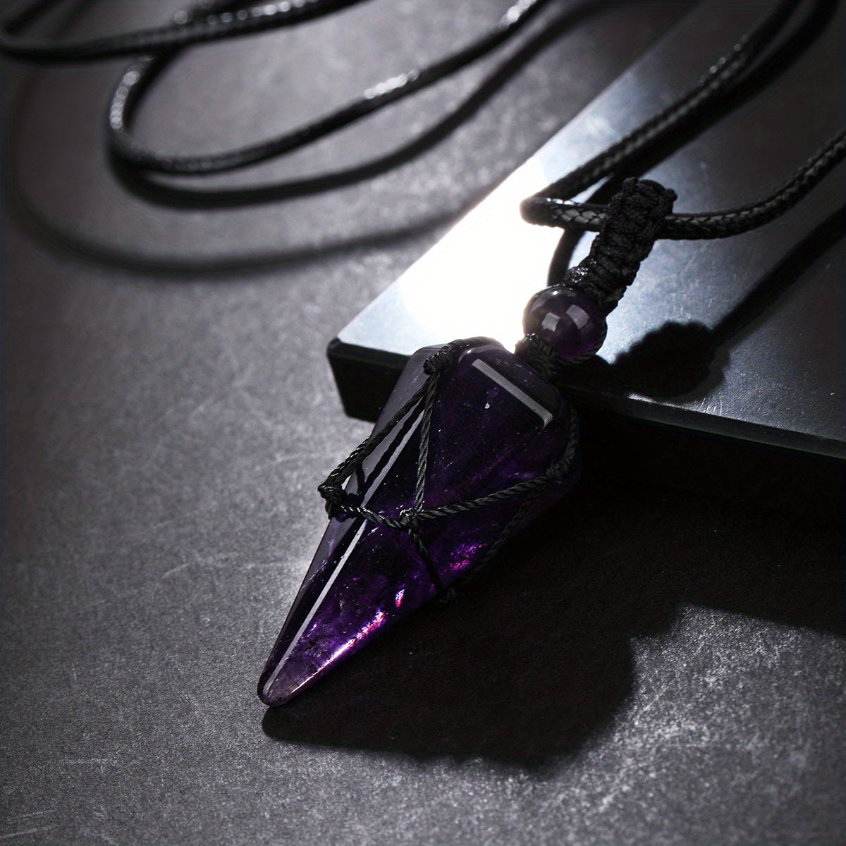 Stylish Men's Natural Amethyst Crystal Hexagonal Cone Pendant Necklace with Braided Rope - Fashion Accessory