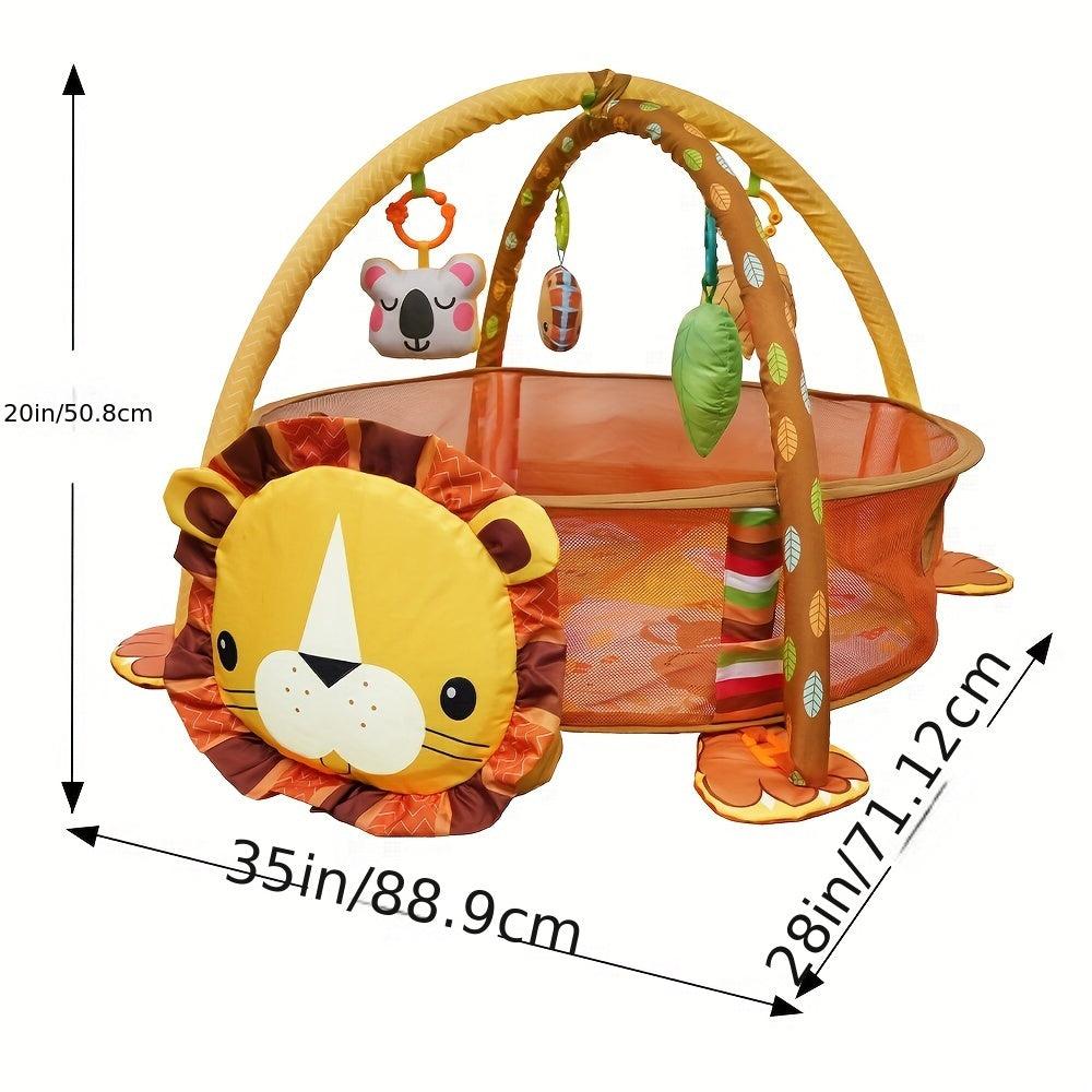 Newborn Play Gym Lion Shaped Baby Play Mat with 4 Featured Toys for Sensory Exploration and Motor Skill Development for Children Aged 0-3 Years, Including Ocean Balls.