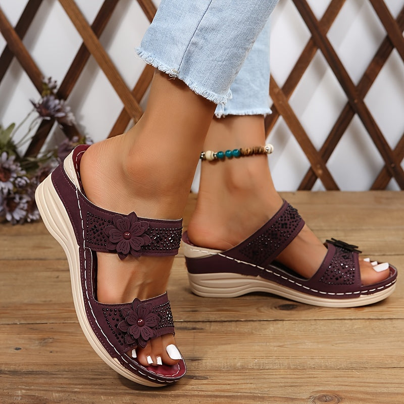 Women's Flower & Rhinestone Wedge Slippers, Solid Color Open Toe Non Slip Arch Support Slides Shoes, Casual Retro Sandals