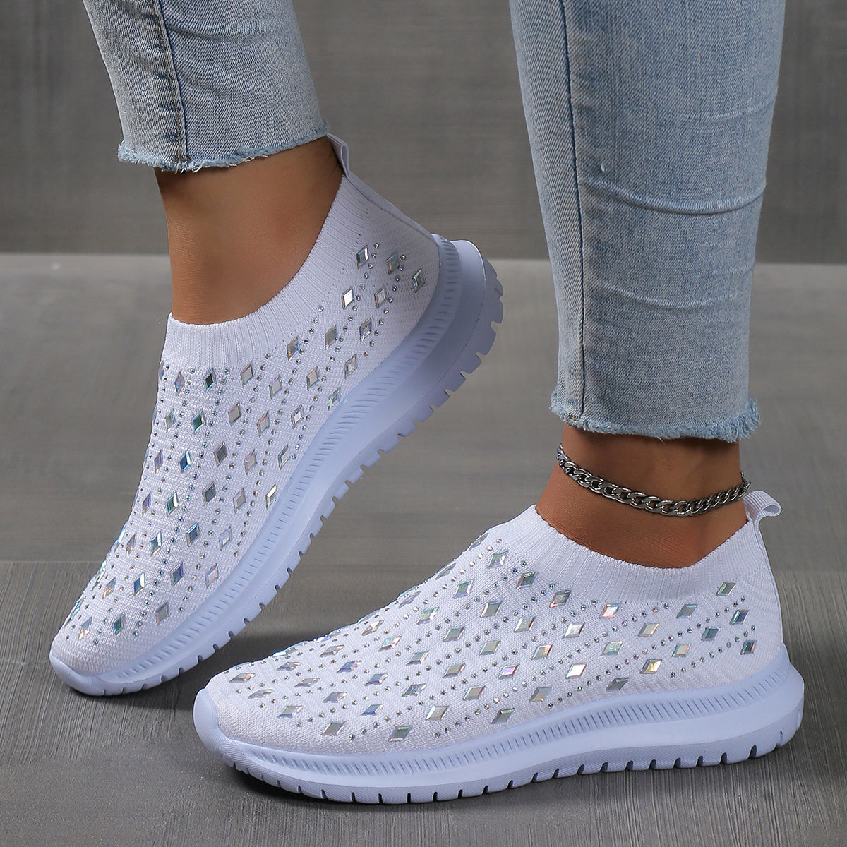 Women's Slip On Sock Shoes, Rhinestone Decor Knitting Low Top Sports Shoes, Breathable Walking Sneakers