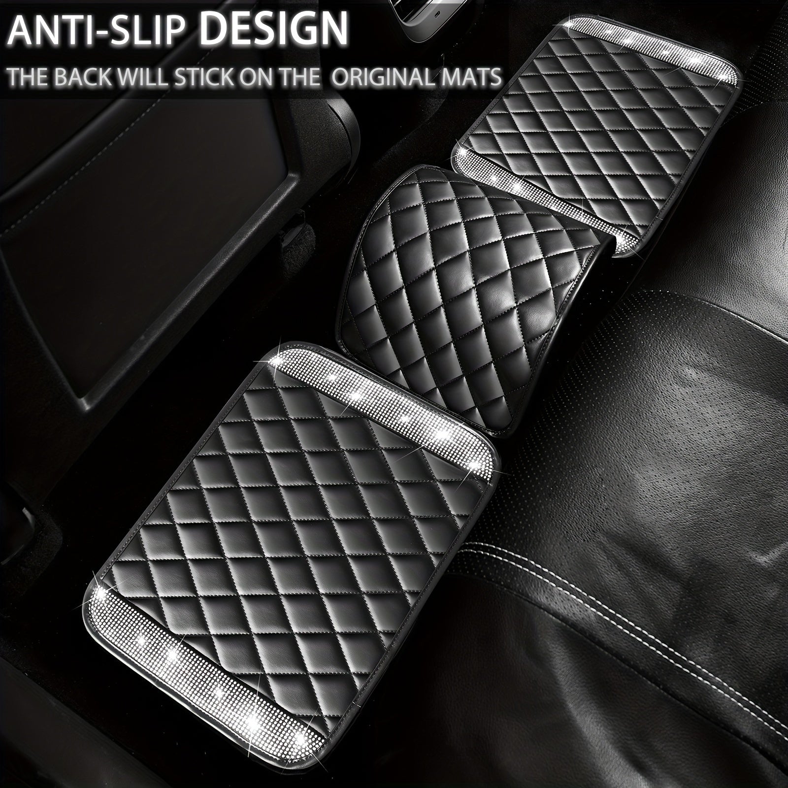 5 Pcs Bling Car Mats - Shining Artificial Diamond, Crystal Rhinestone, Sparkly Glitter Carpet, Anti-Slip, Waterproof, Universal Fit for Automotive SUV, Sedan, Van, Ideal for Girl and Women