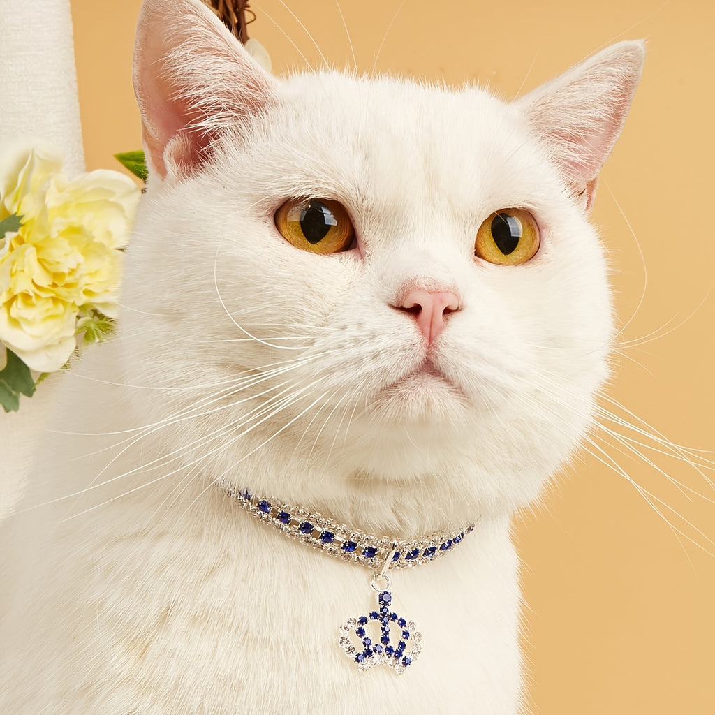 Elegant Pet Rhinestone Crown Pendant Necklace - Sparkling Multicolor Gemstone Accessory for Cats & Dogs, Random Color Selection