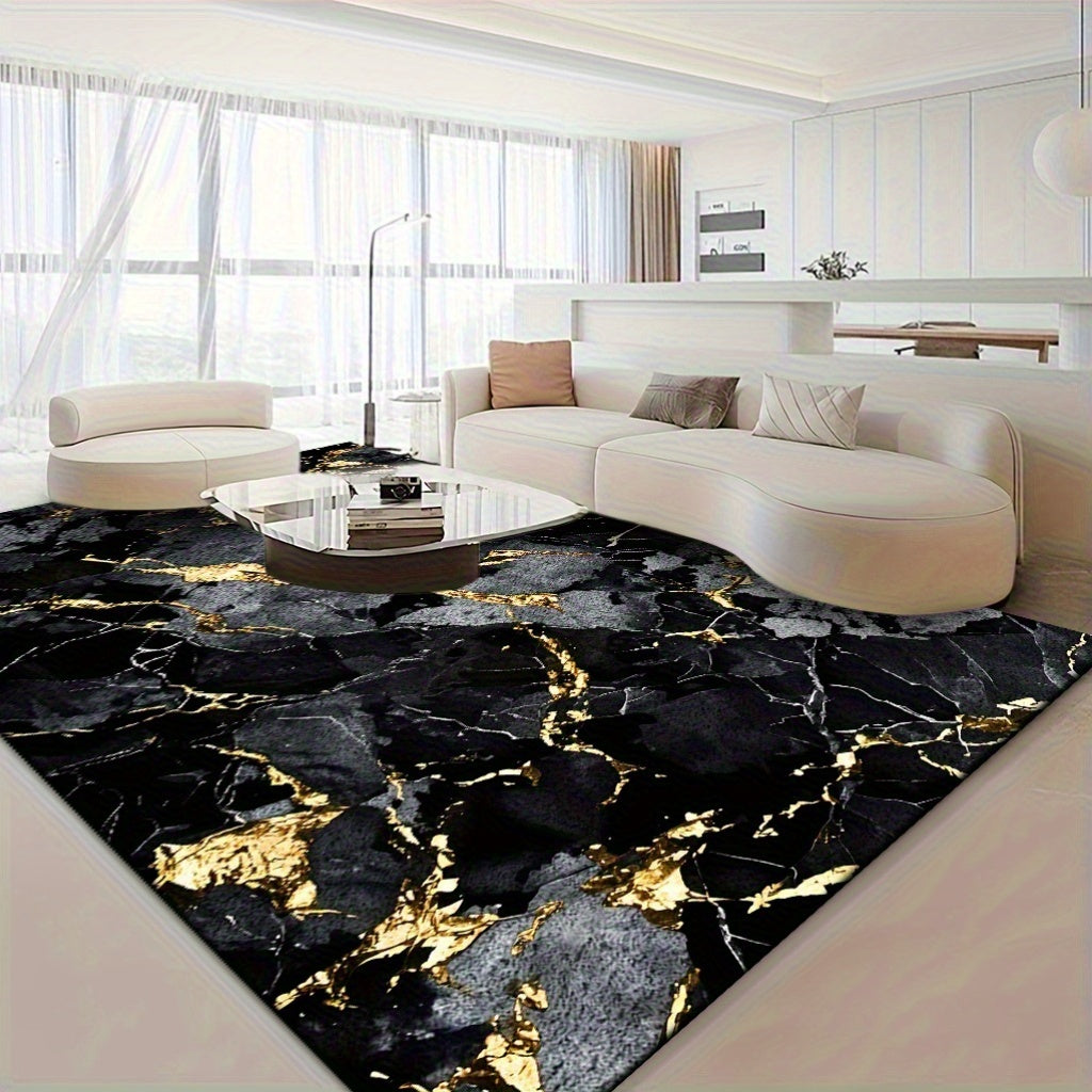 Velvet Area Mat with Luxurious Black and Golden Marble Pattern – Soft, Thick, Non-Slip, Machine Washable for Living Room or Bedroom Decor, Lightweight Polyester Fiber, Rectangular Shape, Perfect for Holidays like Christmas