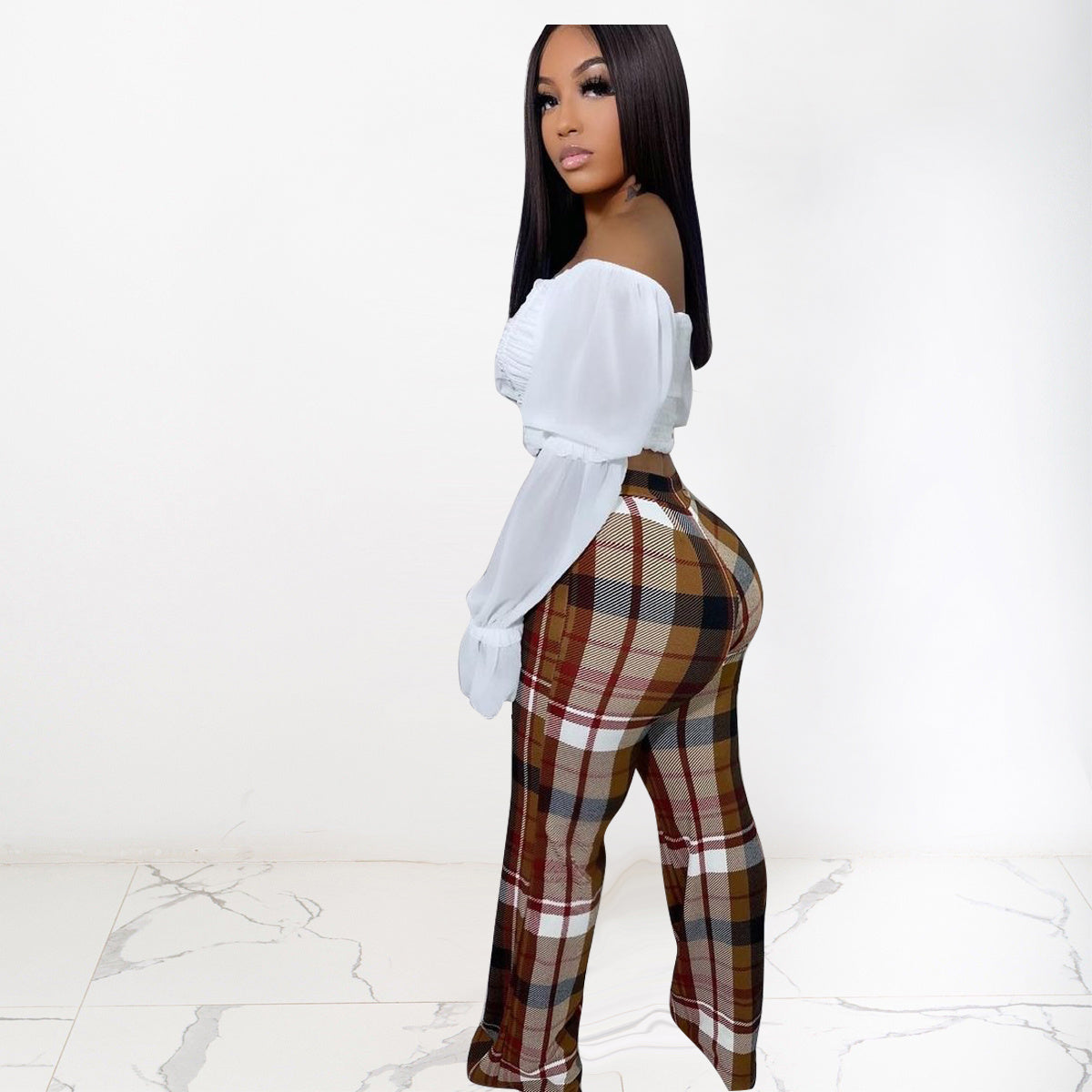 Women's Plaid Print Flared Leg Pants - Casual High Stretch Bodycon Street Wear Pants - For Women - Suitable for Casual Wear - Perfect Gift for Fashionable Women