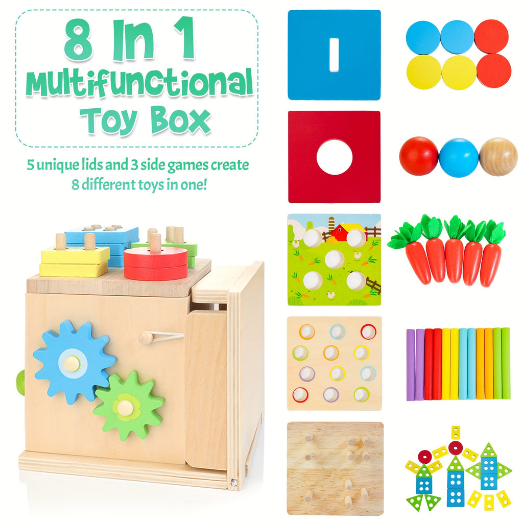 Wooden Baby Toys, 8-in-1 Wooden Play Kit Includes Object Permanent Box, Coin Box, Carrot Harvest, Shape Sorting & Stacking - Christmas Birthday Gift for Boys Girls Toddlers