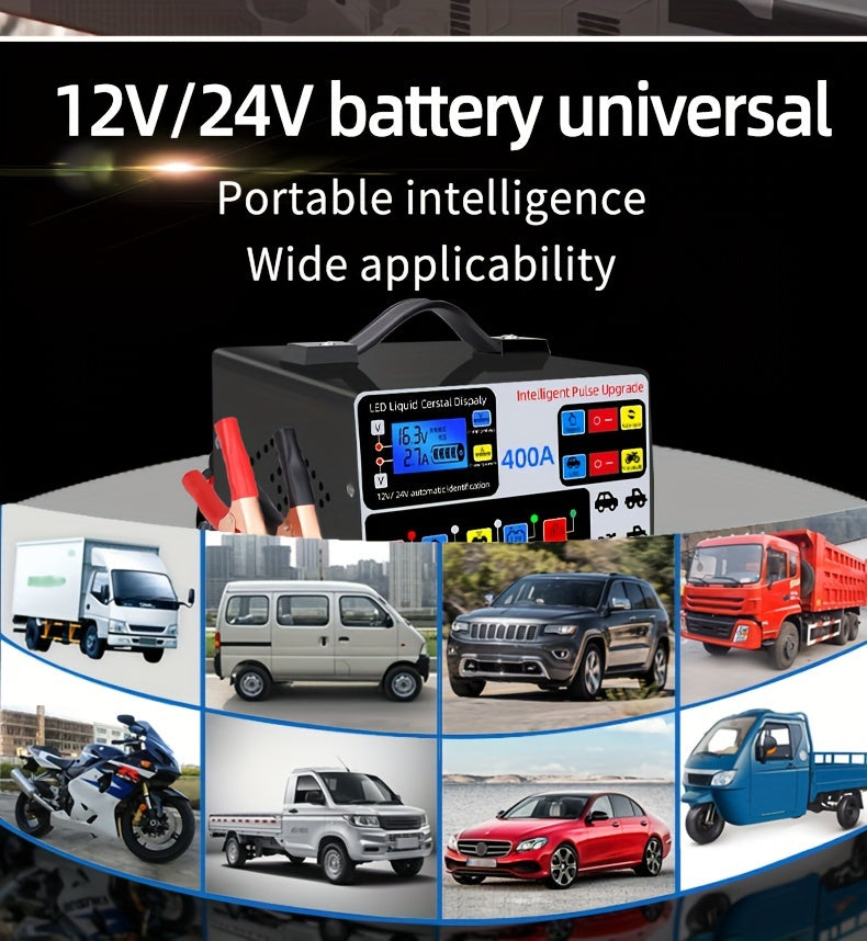 12V/24V Large Power Automotive Smart Pulse Repair Car Charger - Fast and Efficient Vehicle, Boat, Motorcycle Battery Charger with Advanced Safety Features and Multi-Protection