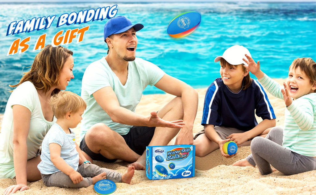 Billeeit Water Skipping Balls Set for Pool Play, Include 1 Rugby, 2 Balls and 2 Discs, Rainbow Color Splash Water Bouncing Balls, Fun Beach Toys & Games, Summer Gift for Kids 3+ 4-8-12 and Adults