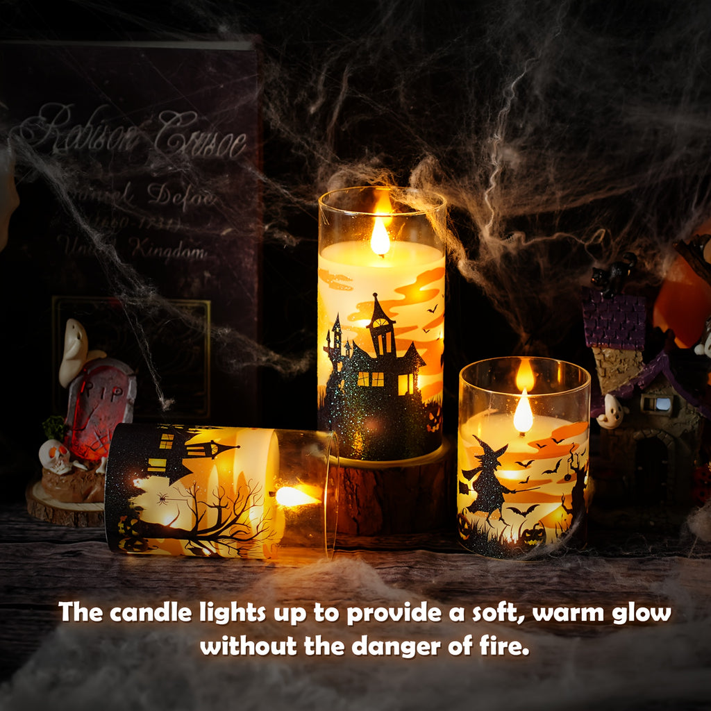 NIMIKO Halloween Limited Edition 3-Pack Built In Star Light String Battery Powered Smokeless Candles with Remote Control Timer Suitable for Festive Atmosphere Decoration Halloween Gifts Bedroom Decoration Home Decoration Para