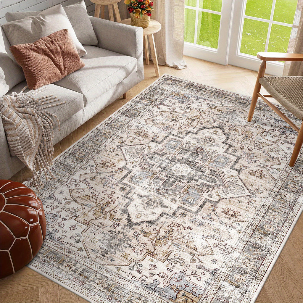 [Ultra Soft Bohemian Rugs] Ultra Soft Bohemian Beige Washable Rugs | Non Slip Retro Foldable Area Rugs for Living Room and Bedroom