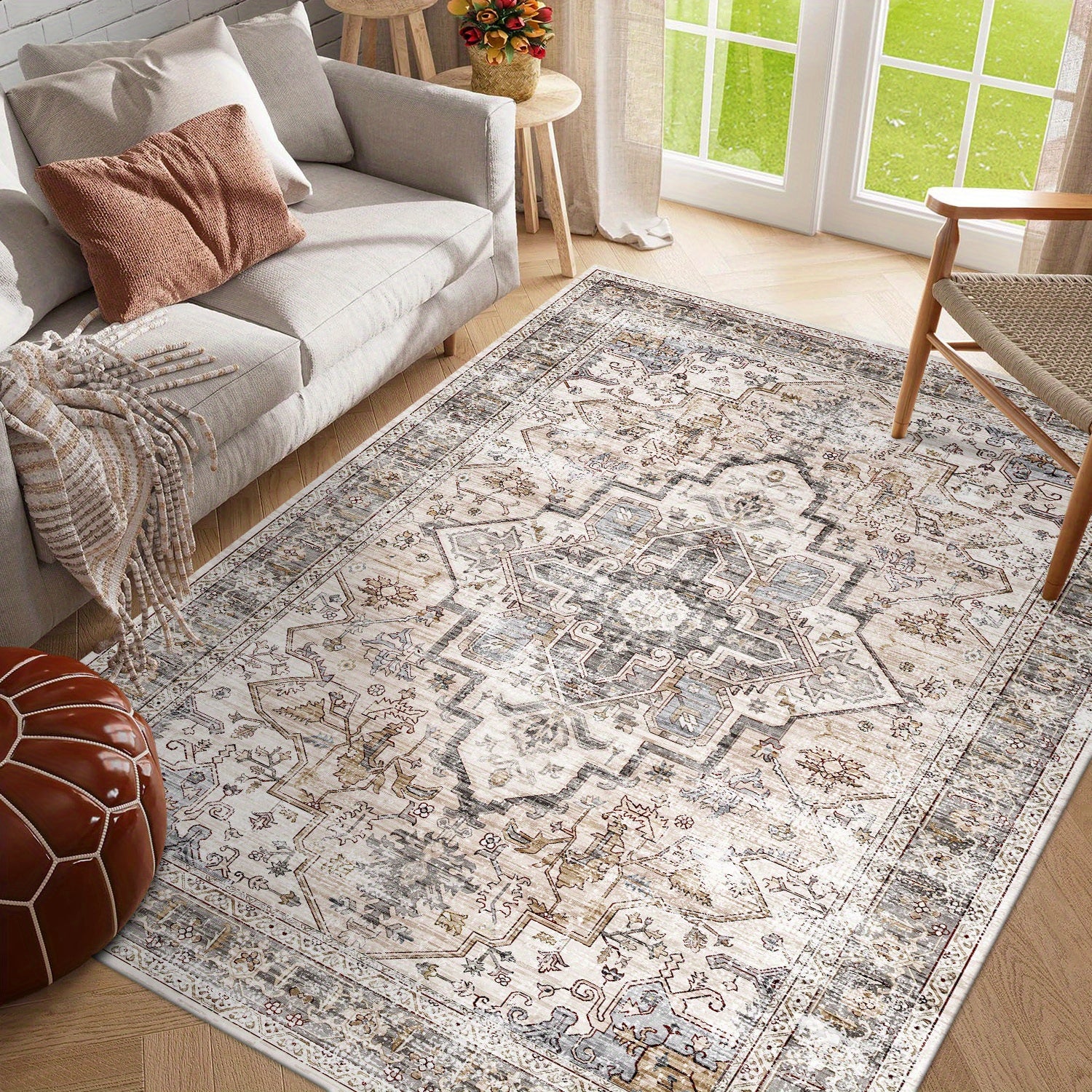 [Ultra Soft Bohemian Rugs] Ultra Soft Bohemian Beige Washable Rugs | Non Slip Retro Foldable Area Rugs for Living Room and Bedroom