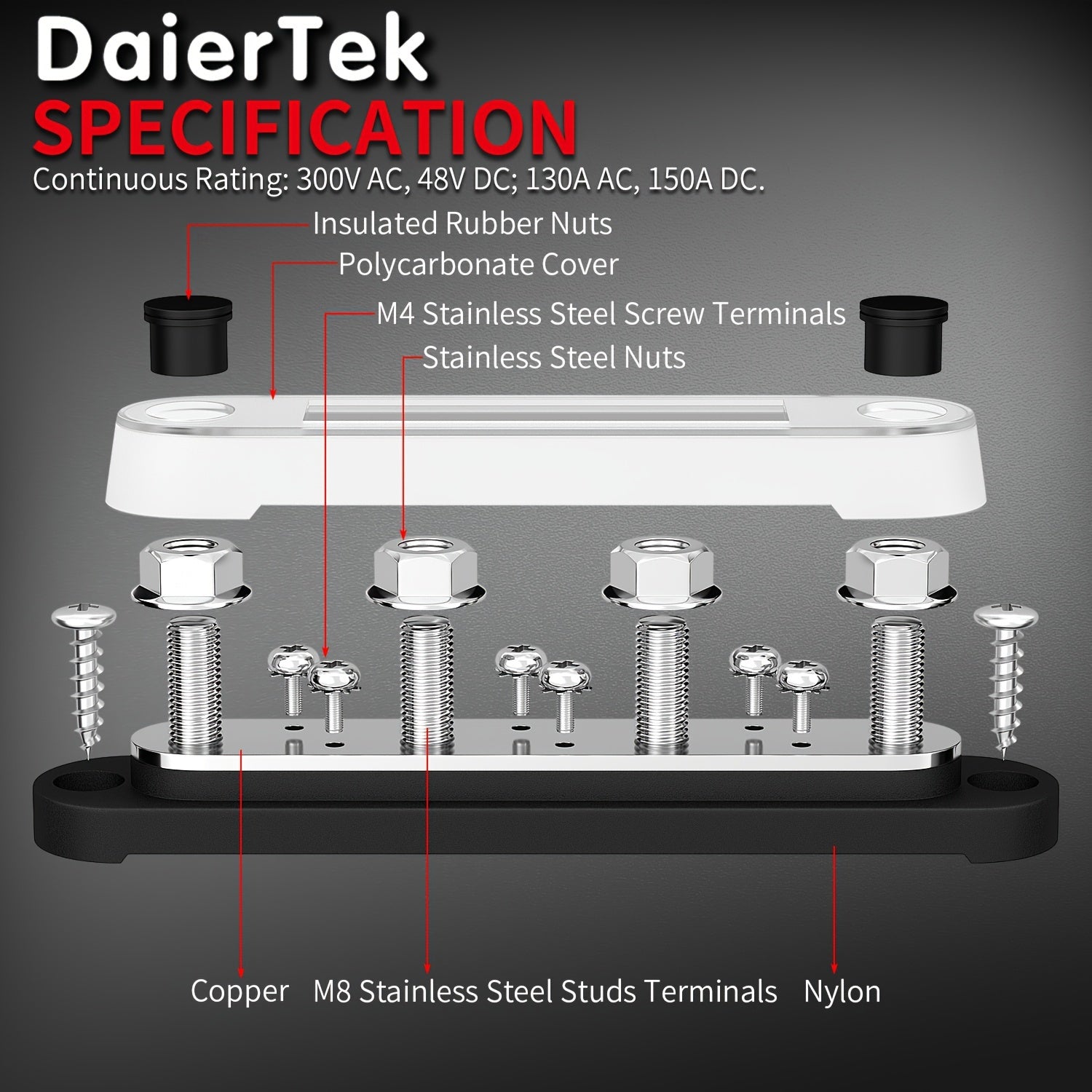 12V Bus Bar Terminal Block 4 x 5/16" (M8) Terminal Stud 6 x #8 (M4) Screw Terminal Positive & Ground Power Distribution Block With Cover Marine Battery Bus Bar For Automotive Car Boat