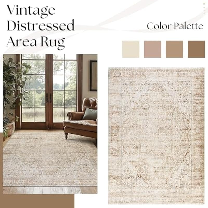 Boho Neutral Living Room Rug 5x7Washable Vintage Rustic Earth Tone Modern Farmhouse Style Easy to Clean Stain Resistant Area Rugs for Bedroom Dining Room Light Tan Brown and Beige