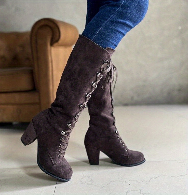 Women's Heeled Knee High Boots, Solid Color Lace Up Chunky Heeled Boots, Versatile Comfy Long Boots