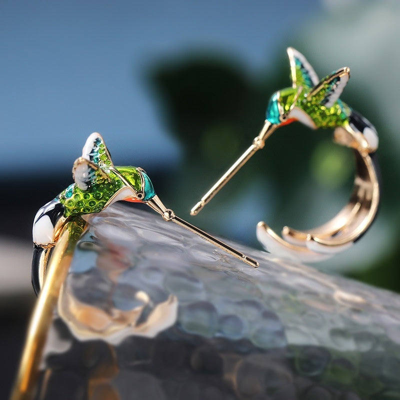 Cute Flying Hummingbird Oil Painting Earrings Enamel Hummingbird Stud Earrings Colorful Animal Elegant Jewelry For Women