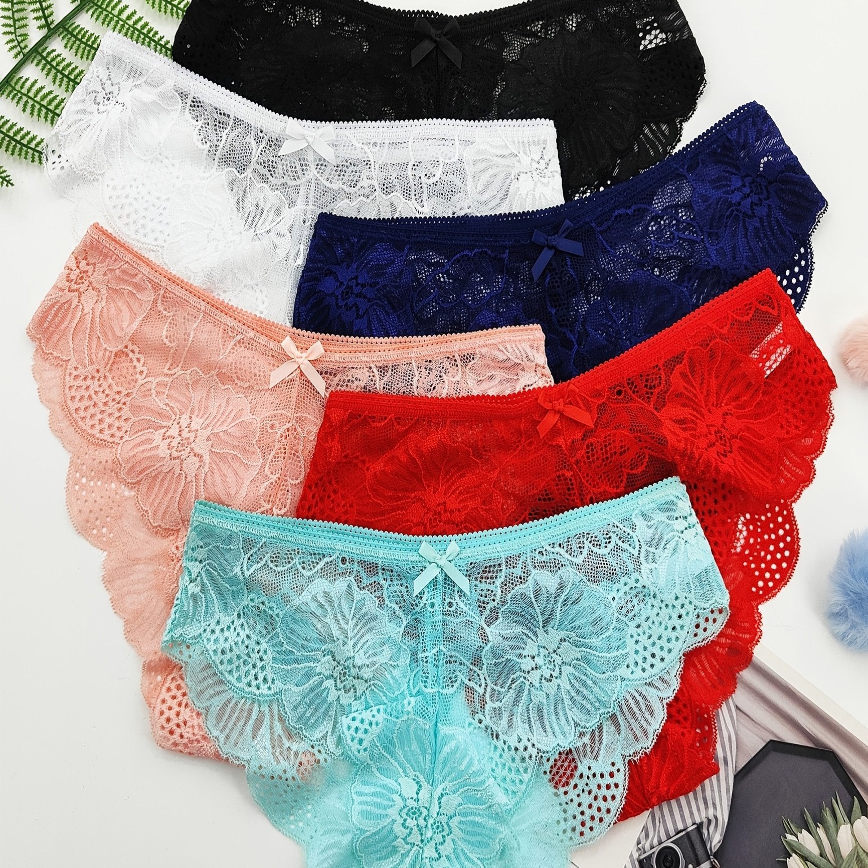 6pcs Comfortable Jacquard Lace Bow Hipster Bikini Panties, Low Waist Breathable Women's Lingerie & Underwear
