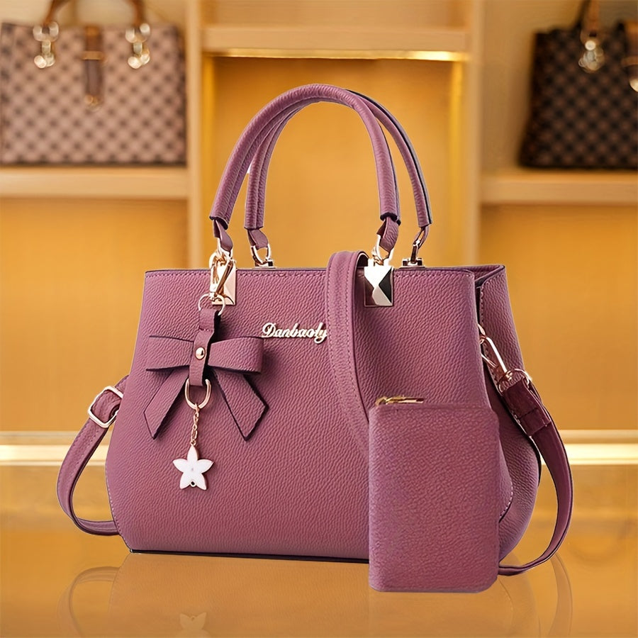 Chic Bow Decor Handbag for Women with Coin Purse, Adjustable Strap,