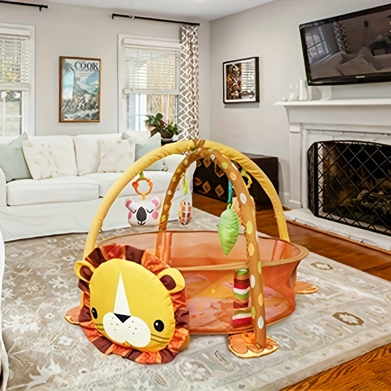 Newborn Play Gym Lion Shaped Baby Play Mat with 4 Featured Toys for Sensory Exploration and Motor Skill Development for Children Aged 0-3 Years, Including Ocean Balls.