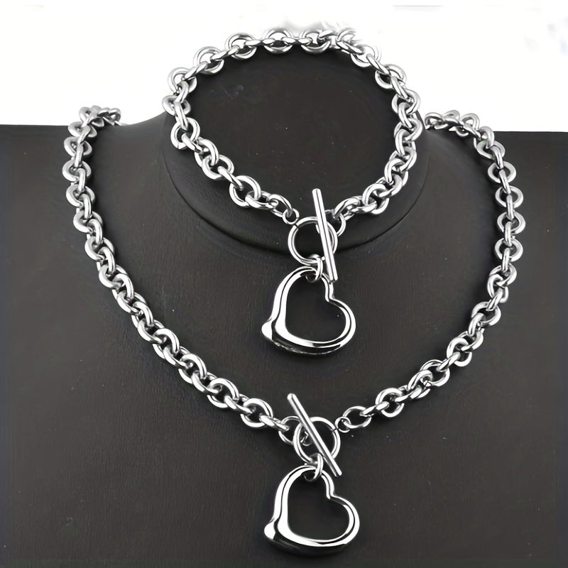 1 Set Exquisite Titanium Steel Stainless Steel Hollow Heart-Shaped Peach Heart Necklace and Bracelet Set - Silver Plated